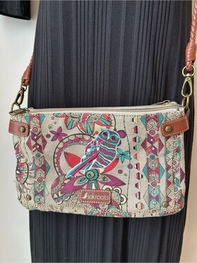 Sakroots Boho Owl Crossbody Canvas Purse Festival Folk Art Southwestern